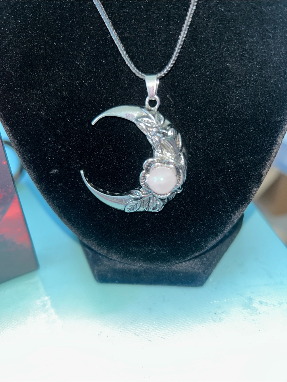 Pale Rose Quartz Crescent Moon Pendant 1.5” Dia with Moonology Love Oracle Cards - Picture 3 of 5